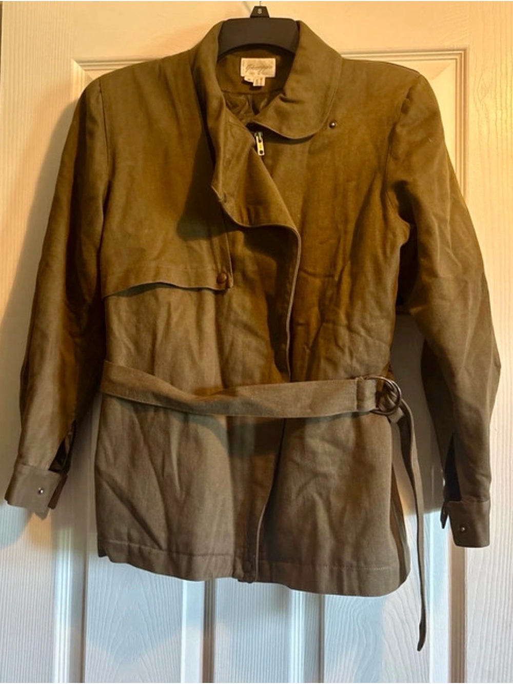 Vintage Olive Green Suede-Style Belted Trench Coat